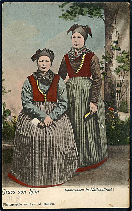 5 pfg. Germania på brevkort (Kvinder i Rømødragter) annulleret Kongsmark *(Röm)* d. 21.5.1908 til Skærbæk.