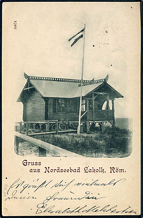 5 pfg. Germania på brevkort (Gruss aus Nordseebad Lakolk, Röm) annulleret Kongsmark *(Röm)* d. 1.9.1903 til Steinbergkirche.