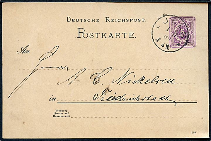 5 pfg. helsagsbrevkort annulleret med enringsstempel Jels d. 1.4.1889 til Friedrichstadt.