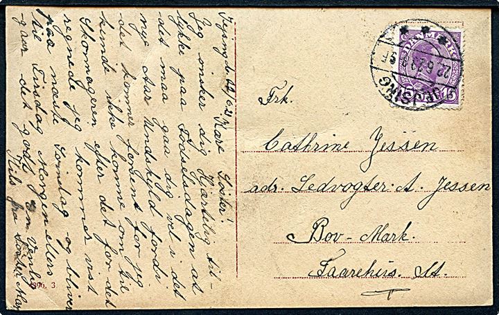 15 øre Chr. X på brevkort annulleret med brotype IIb Jejsing d. 22.6.1923 til Bov Mark pr. Faarhus St.