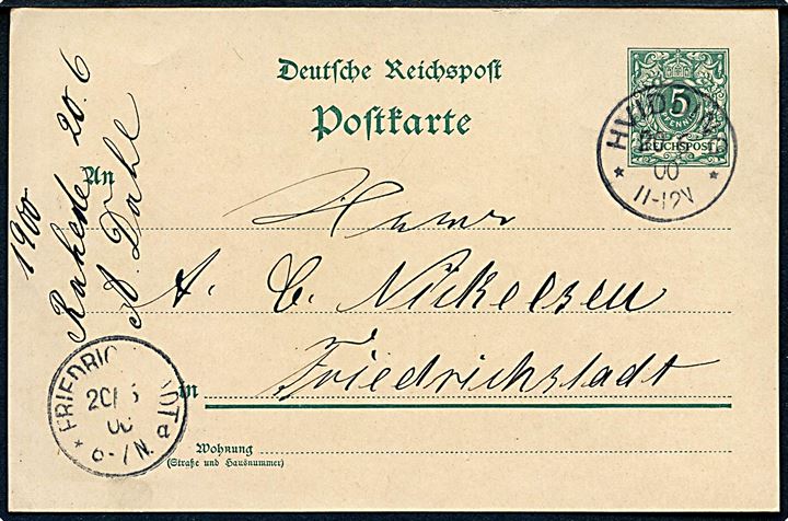 5 pfg. helsagsbrevkort annulleret med enringsstempel Hvidding ** d. 20.6.1900 til Friedrichstadt.