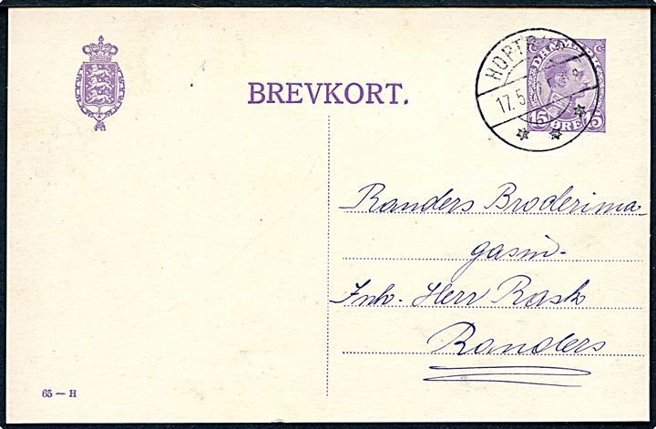 15 øre Chr. X helsagsbrevkort (fabr. 65-H) annulleret med brotype IIb Hoptrup d. 17.5.1922 til Randers.