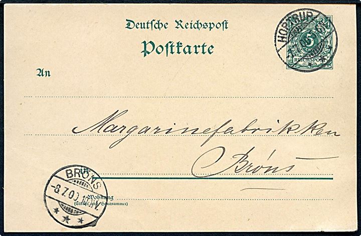 5 pfg. helsagsbrevkort stemplet Hoptrup d. 7.7.1900 til Bröns.