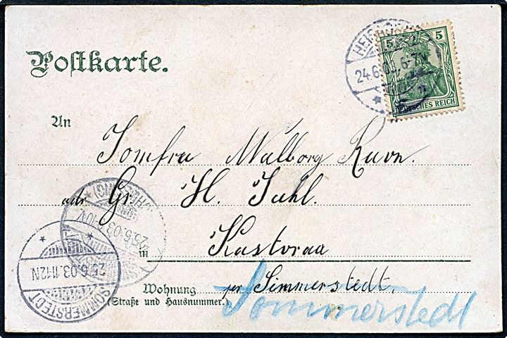 5 pfg. Germania på brevkort annulleret Heisagger d. 24.6.1903 til kastvraa pr. Simmerstedt - omadresseret til pr. Sommerstedt.