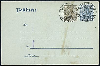 2 pfg. + 3 pfg. Germania provisorisk helsagsbrevkort annulleret Haberslund *(Schleswig)* d. 27.3.1906. Uadresseret.