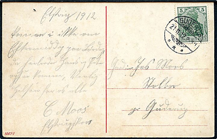 5 pfg. Germania på brevkort stemplet Guderup d. 21.11.1912 til Guderup.