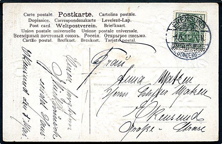 5 pfg. Germania på brevkort annulleret Ekensund (Kr. Sonderburg) d. 1.5.1911 til Ekensund.