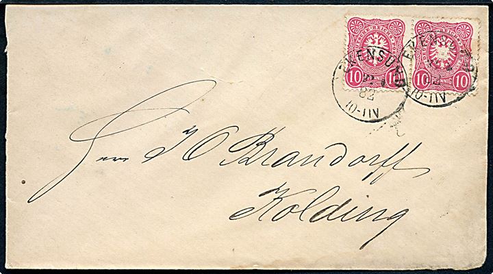 10 pfg. Adler i parstykke på brev annulleret med enringsstempel Ekensund d. 22.4.1882 til Kolding, Danmark.