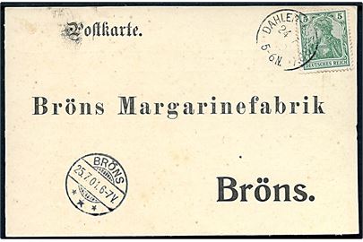 5 pfg. Germania på brevkort stemplet Dahler-Osterby d. 24.7.1901 til Bröns.