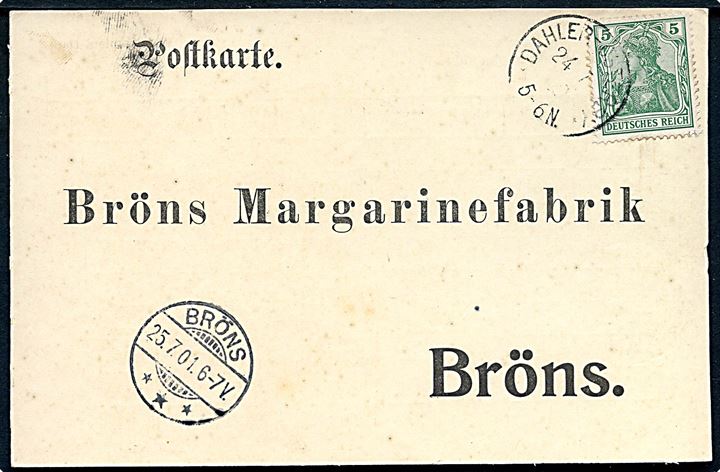 5 pfg. Germania på brevkort stemplet Dahler-Osterby d. 24.7.1901 til Bröns.