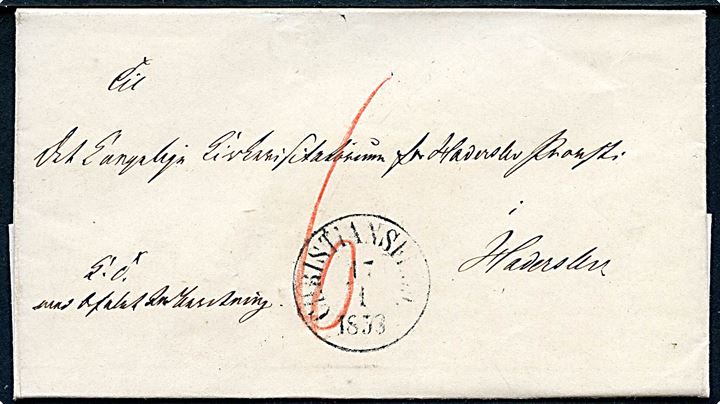 1858. Ufrankeret tjenestebrev dateret Aller Præstegaard med antiqua Christiansfeld d. 17.1.1858 til Haderslev. Påskrevet 6 sk. porto. 