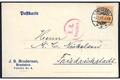 7½ pfg. Germania på brevkort stemplet Bredebro d. 5.3.1917 til Friedrichstadt. Rødt censurstempel Ü.-K. Tondern.