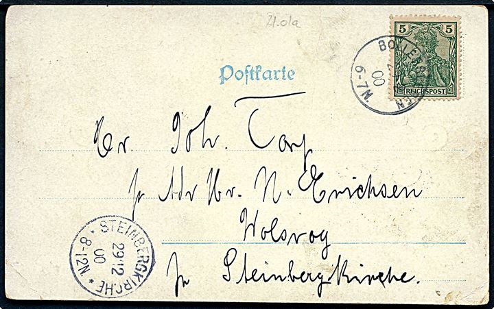 5 pfg. Germania på brevkort (Gruss aus Bjolderup) annulleret med enringsstempel Bollersleben d. 29.12.1900 til Steinbergkirche.