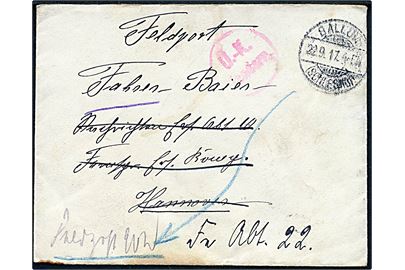 Ufrankeret feltpostbrev stemplet Ballum (Schleswig) d. 22.9.1917 til soldat i Hannover - eftersendt. Rødt censurstempel Ü.-K. Tondern.