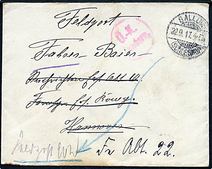 Ufrankeret feltpostbrev stemplet Ballum (Schleswig) d. 22.9.1917 til soldat i Hannover - eftersendt. Rødt censurstempel Ü.-K. Tondern.