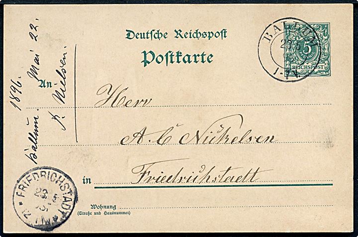 5 pfg. helsagsbrevkort annulleret med toringsstempel Ballum d. 23.5.1896 til Friedrichstadt.
