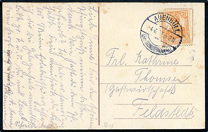 7½ pfg. Germania på brevkort stemplet Auenbüll (Kr. Sonderburg) d. 4.6.1917 til Feldstedt.
