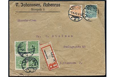 5 pfg. (fireblok), 25 pfg. og 75 pfg. Fælles udg. på 120 pfg. frankeret anbefalet brev stemplet Apenrade **C d. 1.4.1920 til Kjøbenhavn.