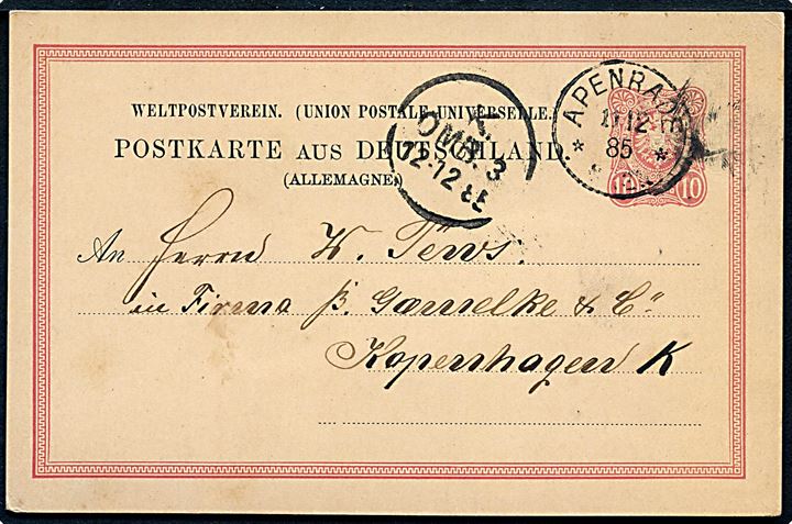 10 pfg. helsagsbrevkort annulleret med enringsstempel Apenrade ** d. 11.12.1885 til København, Danmark.