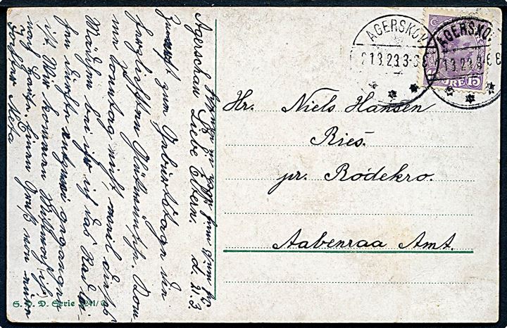 15 øre Chr. X på brevkort annulleret med brotype IVb Agerskov d. 21.3.1923 til Rødekro.