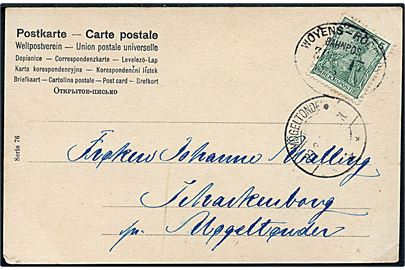 5 pfg. Germania på brevkort annulleret med bureaustempel Woyens - Rödding Bahnpost Zug 17 d. 29.3.1912 til Møgeltønder.
