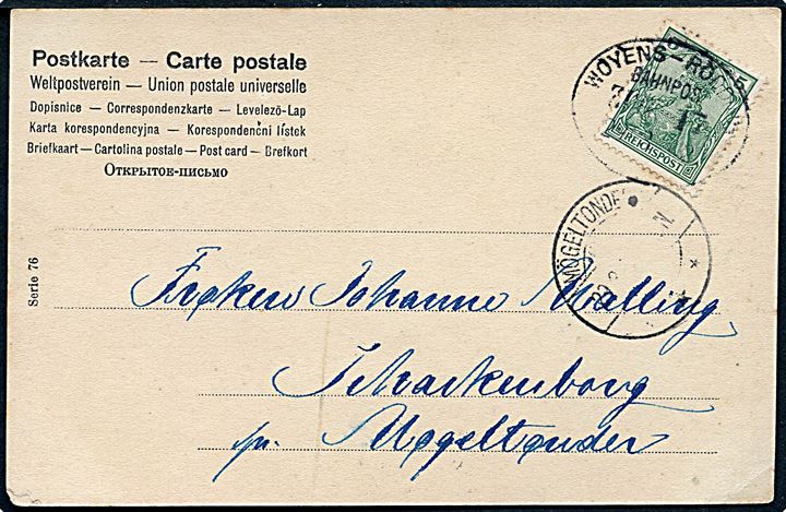 5 pfg. Germania på brevkort annulleret med bureaustempel Woyens - Rödding Bahnpost Zug 17 d. 29.3.1912 til Møgeltønder.