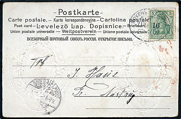 5 pfg. Germania på brevkort (Kongelige) annulleret med bureaustempel Woyens - Rödding Bahnpost Zug 16 d. 23.4.1902 til Gr. Nustrup. 