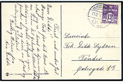 12 øre Bølgelinie på brevkort annulleret med bureaustempel Vojens - Gramby - Arnum T.45 d. 21.12.1926 til Tønder.