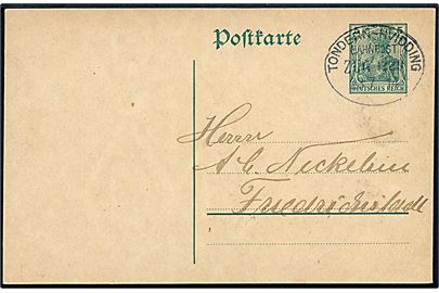 5 pfg. Germania helsagsbrevkort fra Hvidding annulleret med bureaustempel Tondern - Hvidding Bahnpost Zug 1229 d. 23.7.1914 til Friedrichstadt.