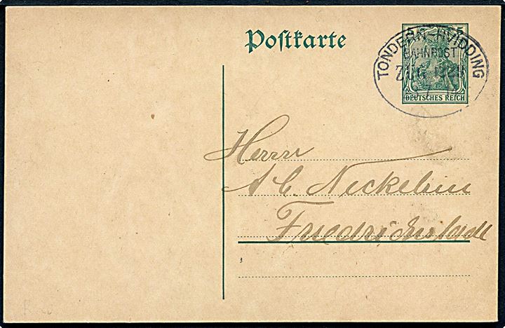 5 pfg. Germania helsagsbrevkort fra Hvidding annulleret med bureaustempel Tondern - Hvidding Bahnpost Zug 1229 d. 23.7.1914 til Friedrichstadt.