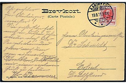 10 øre Fr. VIII på brevkort annulleret med brotype Ia Aakirkeby d. 19.8.1911 til Erfurt, Tyskland.