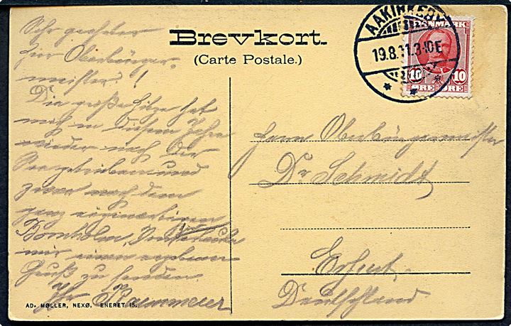 10 øre Fr. VIII på brevkort annulleret med brotype Ia Aakirkeby d. 19.8.1911 til Erfurt, Tyskland.