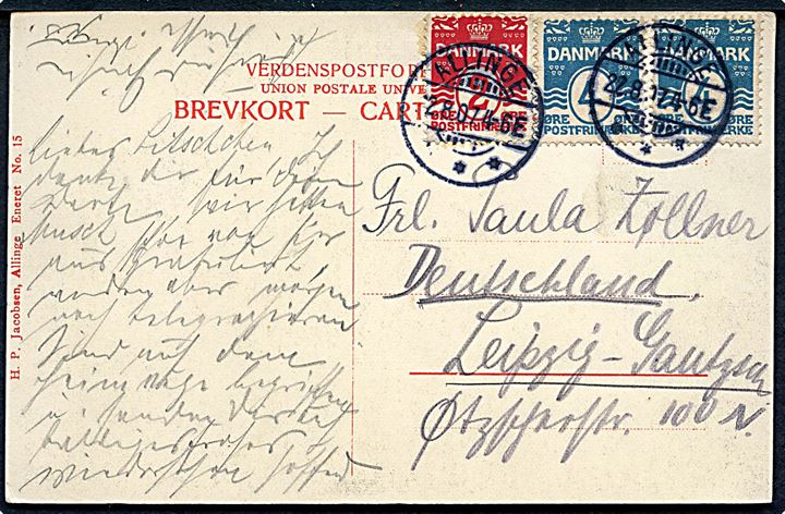 2 øre og 4 øre (par) Bølgelinie på brevkort annulleret med brotype Ia Allinge d. 22.8.1907 til Leipzig, Tyskland.