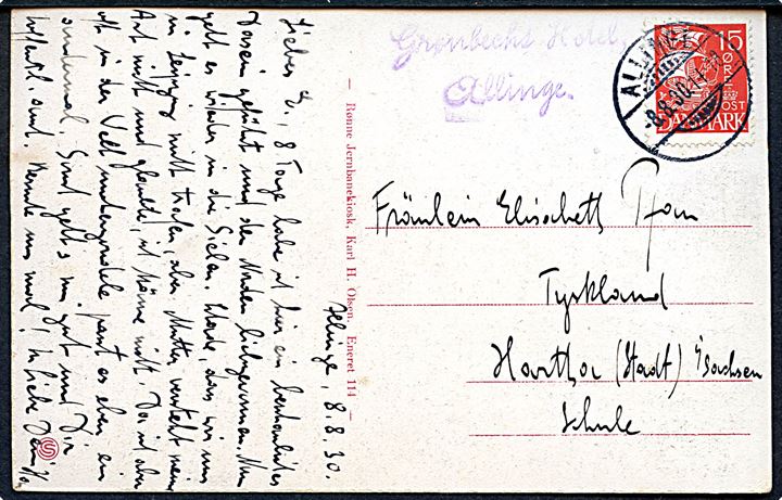 15 øre Karavel på brevkort annulleret med brotype Ic Allinge d. 8.8.1930 til Tyskland. Violet privat sidestempel: Grønbechs Hotel, Allinge.