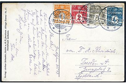 1 øre, 2 øre, 3 øre og 4 øre Bølgelinie på 4-farve frankeret brevkort stemplet Gudhjem d. 31.5.1909 til Dresden, Tyskland.