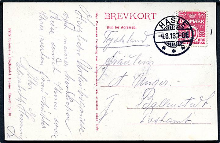 10 øre Bølgelinie på brevkort annulleret med brotype Ia Hasle d. 4.8.1913 til Ballenstedt, Tyskland.