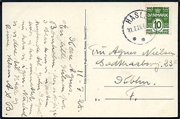 10 øre Bølgelinie på brevkort annulleret med brotype IIIb Hasle d. 11.7.1928 til København.