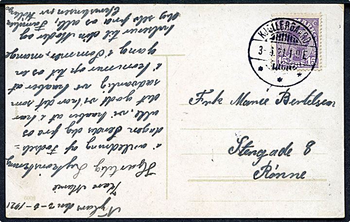 15 øre Chr. X på brevkort annulleret med brotype Ia Kjøllergaard d. 3.6.1921 til Rønne.