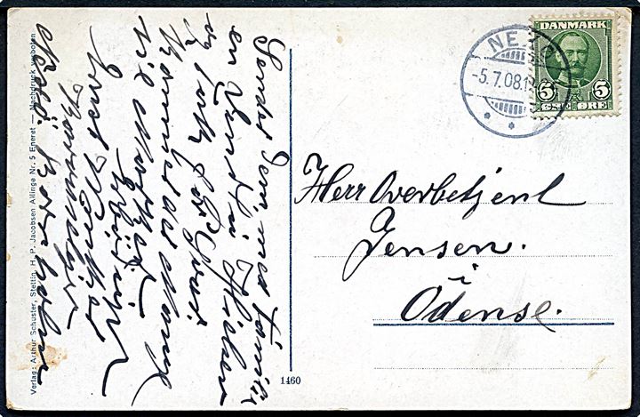 5 øre Fr. VIII på brevkort annulleret med brotype Ia Nexø d. 5.7.1908 til Odense.