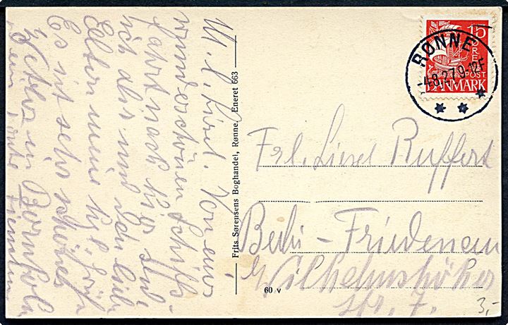 15 øre Karavel på brevkort annulleret med brotype IIIb Rønne d. 4.8.1927 til Berlin, Tyskland.