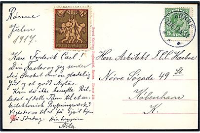 5 øre Chr. X på julekort annulleret med brotype IIIb Rønne d. 22.12.1917 til København.