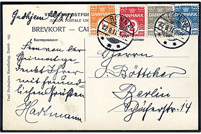 1 øre, 2 øre, 3 øre og 4 øre Bølgelinie på 4-farvefrankeret brevkort fra Rønne d. 22.8.1911 til Berlin, Tyskland.