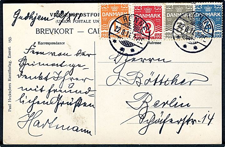 1 øre, 2 øre, 3 øre og 4 øre Bølgelinie på 4-farvefrankeret brevkort fra Rønne d. 22.8.1911 til Berlin, Tyskland.