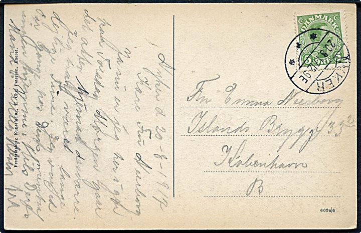 5 øre Chr. X på brevkort annulleret med brotype IIa Nyker d. 20.8.1917 til København.