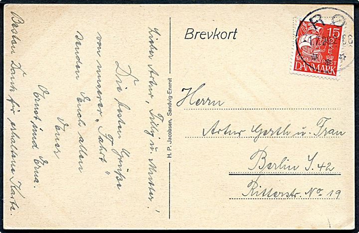 15 øre Karavel på brevkort annulleret med brotype IIIb Rø d. 1.7.1929 til Berlin, Tyskland.