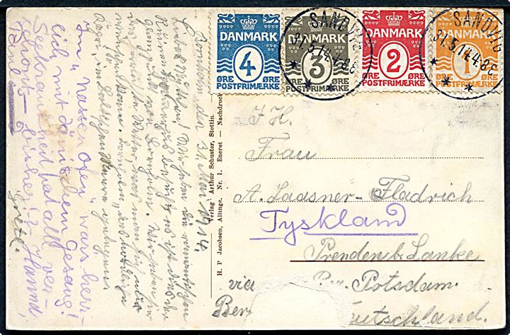 1 øre, 2 øre, 3 øre og 4 øre Bølgelinie på 4-farve frankeret brevkort annulleret med brotype IIIb Sandvig d. 31.5.1914 til Potsdam, Tyskland.