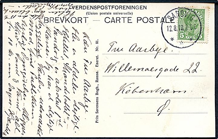 5 øre Chr. X på brevkort annulleret med brotype IIIb Sandvig d. 12.8.1918 til København.