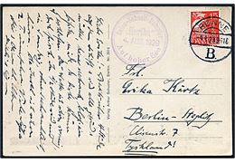 15 øre Karavel på brevkort annulleret med brotype Vb Rønne B. d. 4.8.1929 og sidestemplet med privat skibsstempel Salon-Schnell-Dampfer Hertha Auf hoher See d. 4.8.1929 til Berlin, Tyskland.