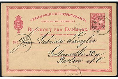 10 øre Våben helsagsbrevkort annulleret med lapidar Rønne d. 8.11.1887 til Berlin, Tyskland.