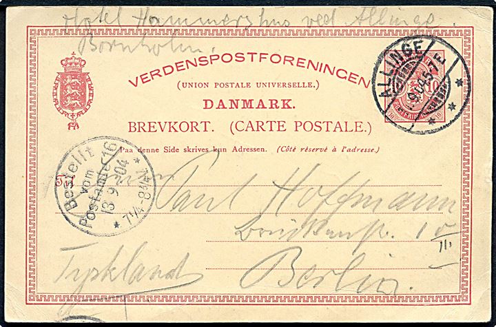 10 øre Våben helsagsbrevkort annulleret med brotype Ia Allinge d. 11.9.1904 til Berlin, Tyskland.